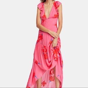 Free People Hot Pink Floral Ruffled Maxi Dress